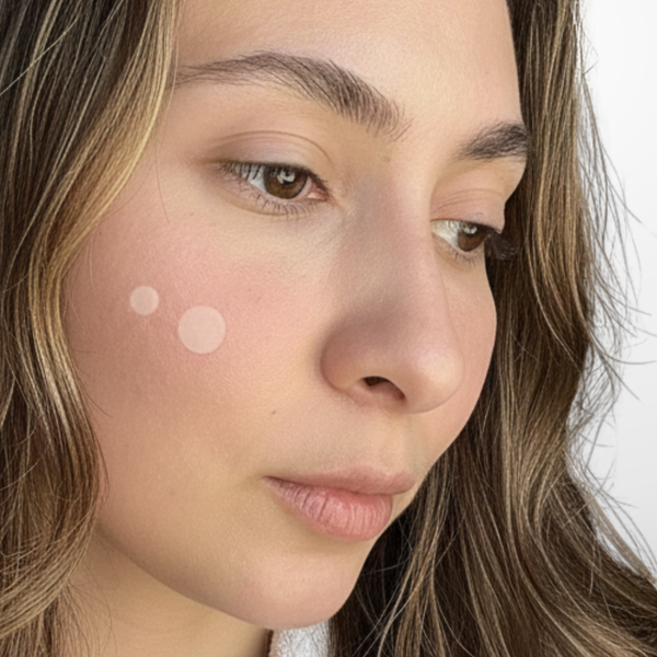 Close-up of a woman's face with two visible blemishes on her cheek.